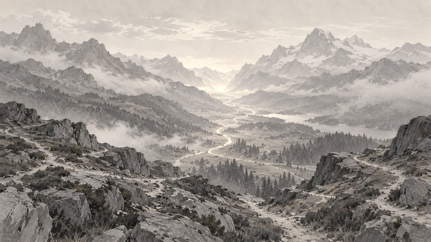 Monochrome illustration of paths meeting in a mountain valley